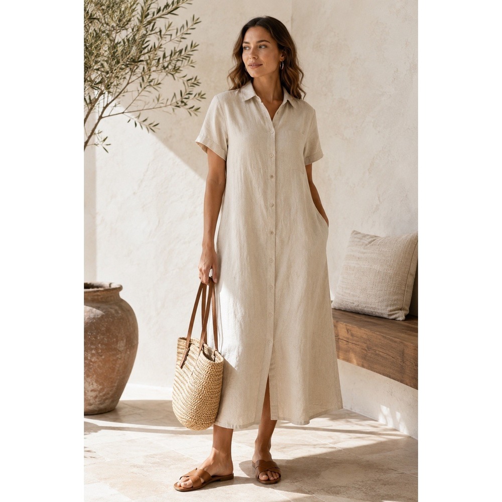 DKNY 100% Linen Shirt Dress Womens 4 Beige Button Front Collared Midi NWT